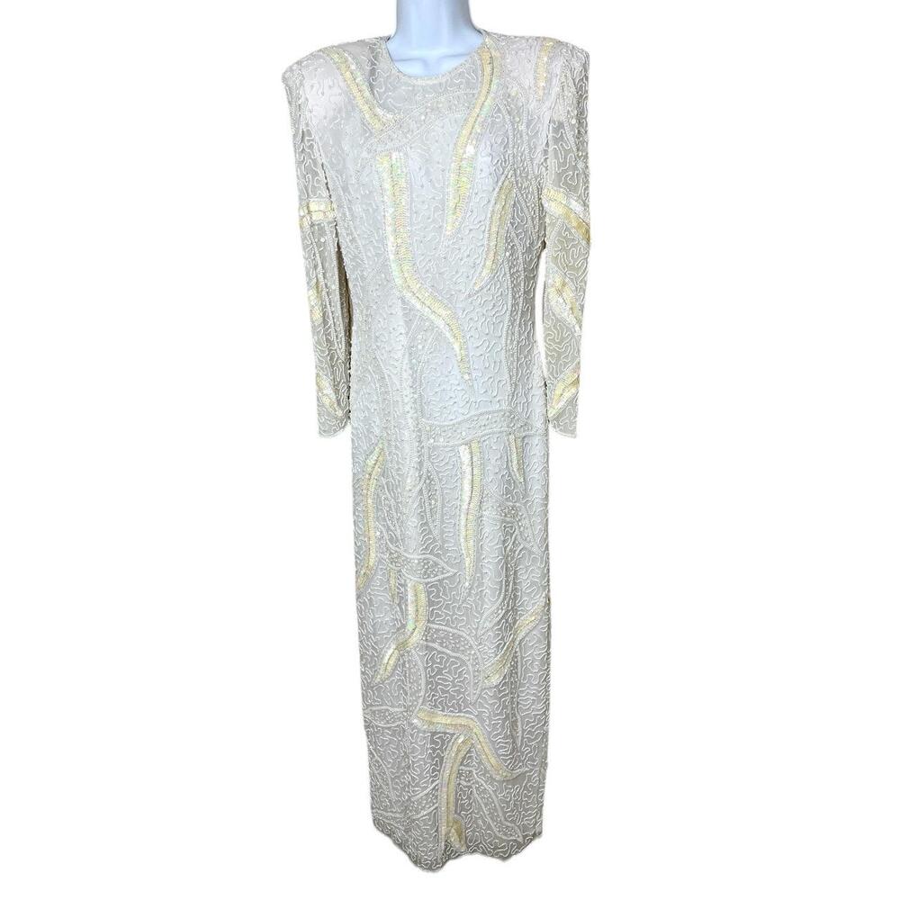 Jas Jas‎ White Pale Yellow Sequin Beaded Long Sleeve Maxi Silk Evening Gown 8